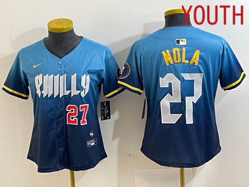 Youth Philadelphia Phillies #27 Nola Blue City Edition Nike 2024 MLB Jersey style 4->->Youth Jersey